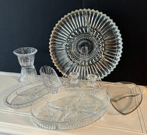 lot 87 image: Crystal and Clear Glass Platter, Candle Holders, Serving Dishes and More