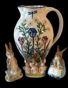 lot 92 image: Bunny Motif Pitcher with Beatrice Potter Figurines