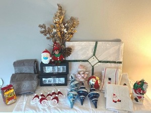 lot 250 image: Vintage Ornaments, Christmas Towels, Oleg Cassini Crystal Napkin Rings,Waterford Placemats and More