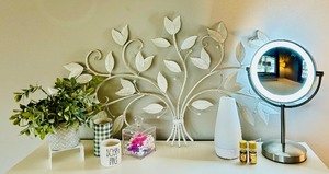 lot 245 image: Bright and White Home Decor and Essentials including Metal Wall Hanging, Diffuser, Lighted Mirror and More