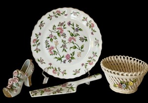 lot 241 image: Beautiful Floral Decor including Vintage THAMES JAPAN Bone China Miniature Shoes w Pink Roses, Cake Plate and Spatula and More
