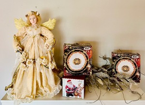 lot 217 image: Beautiful Vintage Tall Tree Topper  Table Centerpiece, New Noel Plates and Fitz and Floyd Salt and Pepper Shakers