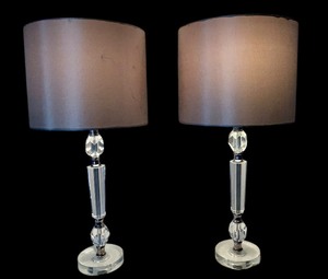 lot 218 image: Pair of Clear Table Lamps with Silver Accents and Gray Shades by TLC Home