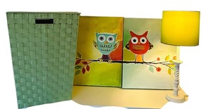 lot 214 image: Adorable Room Decor in Greens including Laundry Hamper, Owl Canvas Wall Decor and Lamp