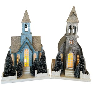 lot 204 image: Two Large Cardboard Putz Style Light Up Church Figurines