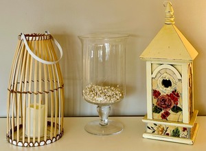 lot 203 image: Beautiful Home Decor including Birdhouse, Glass Vase  Container and Birdcage Style Handle Holder