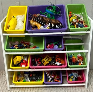 lot 392 image: Multi Color Bin Toy Storage Filled with Various Toys