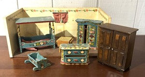 lot 402 image: Vintage Diorama including Dresser, Bed, Crib, Armoires and More