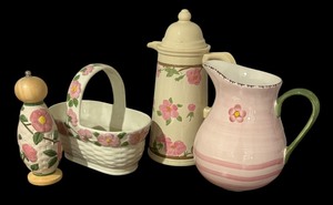 lot 401 image: Franciscan Desert Rose and Flora Basket Bowl, Pitcher, Insulated Pot and Pepper Grinder