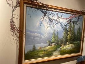 lot 3 image: Framed Landscape Oil Painting with Mountain Cabin Scene