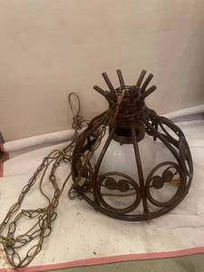 lot 5 image: Vintage Hanging Wrought Iron Light Fixture with Glass Globe