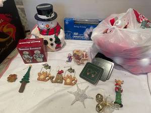 lot 47 image: Assorted Holiday Decoration Set with Snowman Figurine and Ornaments