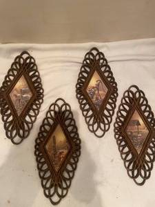 lot 59 image: Set of 4 Vintage Woven Wall Plaques with Rustic Scenes