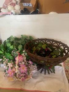 lot 89 image: Set of 3 Artificial Floral Arrangements in Wicker and Bamboo Baskets