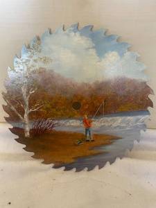 Hand Painted Saw Blade Wall Art featuring Fishing Scene