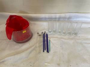 lot 97 image: Set of 6 Shot Glasses with Assorted Stirrers and Red Ribbon Decoration