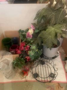 lot 110 image: Collection of Decorative Artificial Plants and Colored Glass Vases