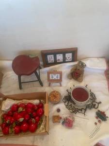 lot 113 image: Rustic Apple-Themed Decorative Collection with Wooden Stool and Framed Art