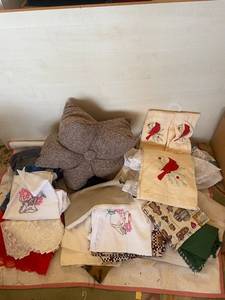 lot 131 image: Assorted Collection of Embroidered Linens and Decorative Pillow