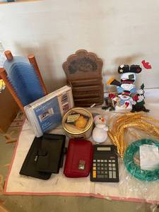 lot 213 image: Assorted Holiday Decor, Shelf Organizer, and Office Supplies