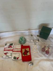 lot 226 image: Holiday Decor Set with Silver-Plated Candle Holders, Napkins, and Cardinal Shakers