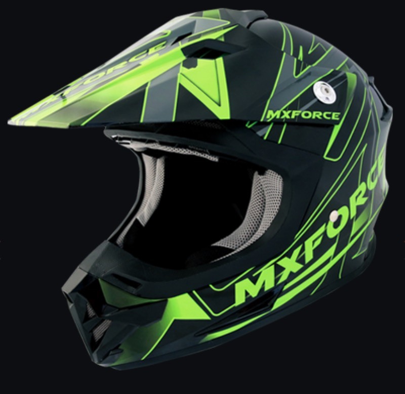 lot 14B image: Brand New MX Force MHS39 X-1 Motocross Helmet - Black & Green - Adult Size XL N