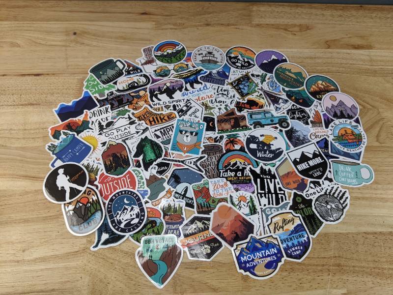 lot 1001 image: 100 New Adventure and Camping Theme Aesthetic Stickers for Water Bottles, Laptops, Scrapbooking Etc E