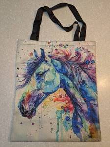 lot 425 image: New Durable Vibrant Watercolor Horse Print Tote Bag Printed Both Sides P