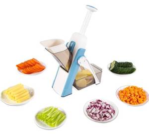 lot 80 image: Brand New Safe Mandoline Slicer 5 in 1 Vegetable Cutter Strips Julienne Dicer Adjustable Thickness 0.1-8 mm for Kitench Fast Meal Prep Light Blue $39.90 Retail B