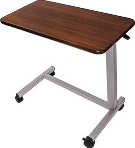 lot 70 image: Brand New Vaunn Medical Adjustable Overbed Bedside Table With Wheels Walnut $119.99 Retail B