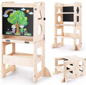 lot 157 image: Brand New Woodure 4-in-1 Toddler Kitchen Step Stool, Foldable Learning Standing Tower with Blackboard $79.00 Retail B