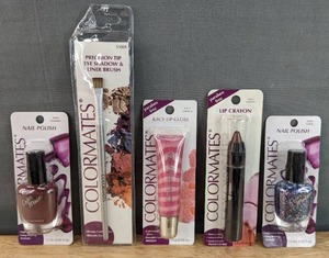 lot 31G image: Brand New Colormates Makeup Nail Polish, Precision Tip Eye Shadow & Liner Brush, Juicy Lip Gloss and Lip Crayon N