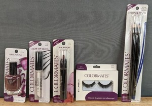 lot 36G image: Brand New Colormates Makeup Nail Polish, Clear Lip Gloss, Lip Crayon, Eyelash Kit and Eyeliner Pencil N