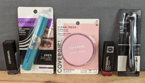 lot 95G image: Brand New Covergirl Exhibitionist Cream Lipstick, The Super Sizer Fibers Mascara, Clean Fresh Healthy Look Pressed Powder and Liquid Liner N