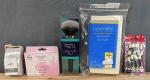 lot 125G image: Brand New Studio 35 Pumice Stone, Equate Beauty Pre-Moistened Olive Oil Swabs, Pretty Savvy Large Powder Brush, 32 Cosmetic Applicator Sponges and Essence of Beauty 12 Soft Tip Applicators N