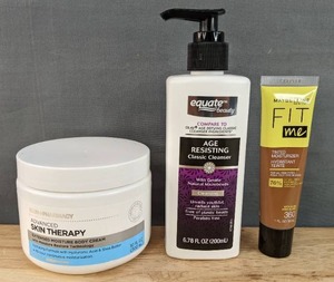 lot 140G image: Brand New Skin  Pharmacy Advanced Skin Therapy Extended Moisture Body Cream, Equate Beauty Age Resisting Classic Cleanser and Maybelline New York Fit Me Tinted Moisturizer N