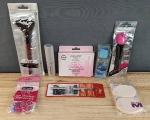 lot 145G image: Brand New Posh Fan Brush, Equate Beauty Pre-Moistened Olive Oil Swabs, Makeup Brush Cleansing Shampoo, Posh Powder Brush, SM Retractable Power Brush,  Eye Shadow Applicators, Brow Brush and Tear Drop Blending Sponges N