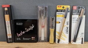 lot 155G image: Brand New Revlon Concealer, Insta-sculpt Contouring Palette, Lash Jewels Eye Accents, Color Stay Mineral Lipglaze, Gel Eyeliner and Color Stay Brow Mousse N