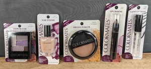 lot 210G image: Brand New Colormates Makeup Mirror Case, Nail Polish, Pressed Powder, Lip Crayon and Clear Lip Gloss N