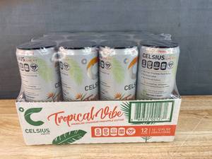 lot 74G image: 12 Brand New Celsius Sparkling Tropical Vibe 12oz Cans N