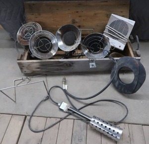 lot 68 image: VINTAGE AMMUNITION BOX WITH 4 SUNFLOWER PROPANE HEATERS AND BUCKET HEATER