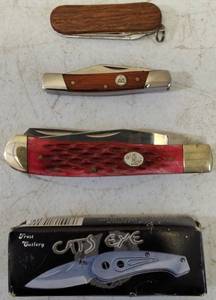 lot 29 image: Assortment of Knives (1) Frost Cutlery Cat Eye (1) Steel Warrior - Red Bone Handle (1) Small Cut Pocket Knife (1) Small Pocket Knife with Wooden Handle (View Photos)