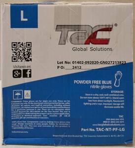 lot 53 image: GLOBAL SOLUTIONS  TAC BRAND- POWDER Free Blue Gloves (10 Boxes) SIZE L