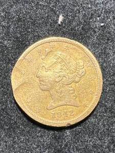 1842-D US $5 GOLD PIECE VF DETAILS DAMAGED