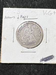 lot 11 image: 1853 ARROWS & RAYS US SEATED LIBERTY QUARTER