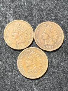 lot 14 image: 3 US INDIAN HEAD CENTS 1901 1903 1907