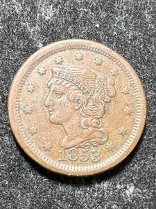 lot 55 image: 1853 US BRAIDED HAIR LARGE CENT XF