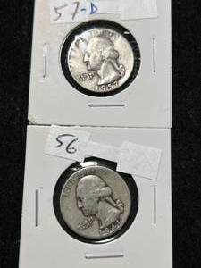 lot 67 image: 2 US WASHINGTON QUARTERS 1956 1957-D