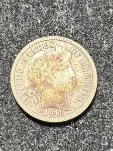 lot 68 image: 1911-D US BARBER DIME XF TONING