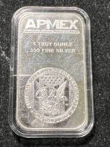 lot 73 image: 1 TROY OZ .999 FINE SILVER APMEX BAR IN AIRTITE